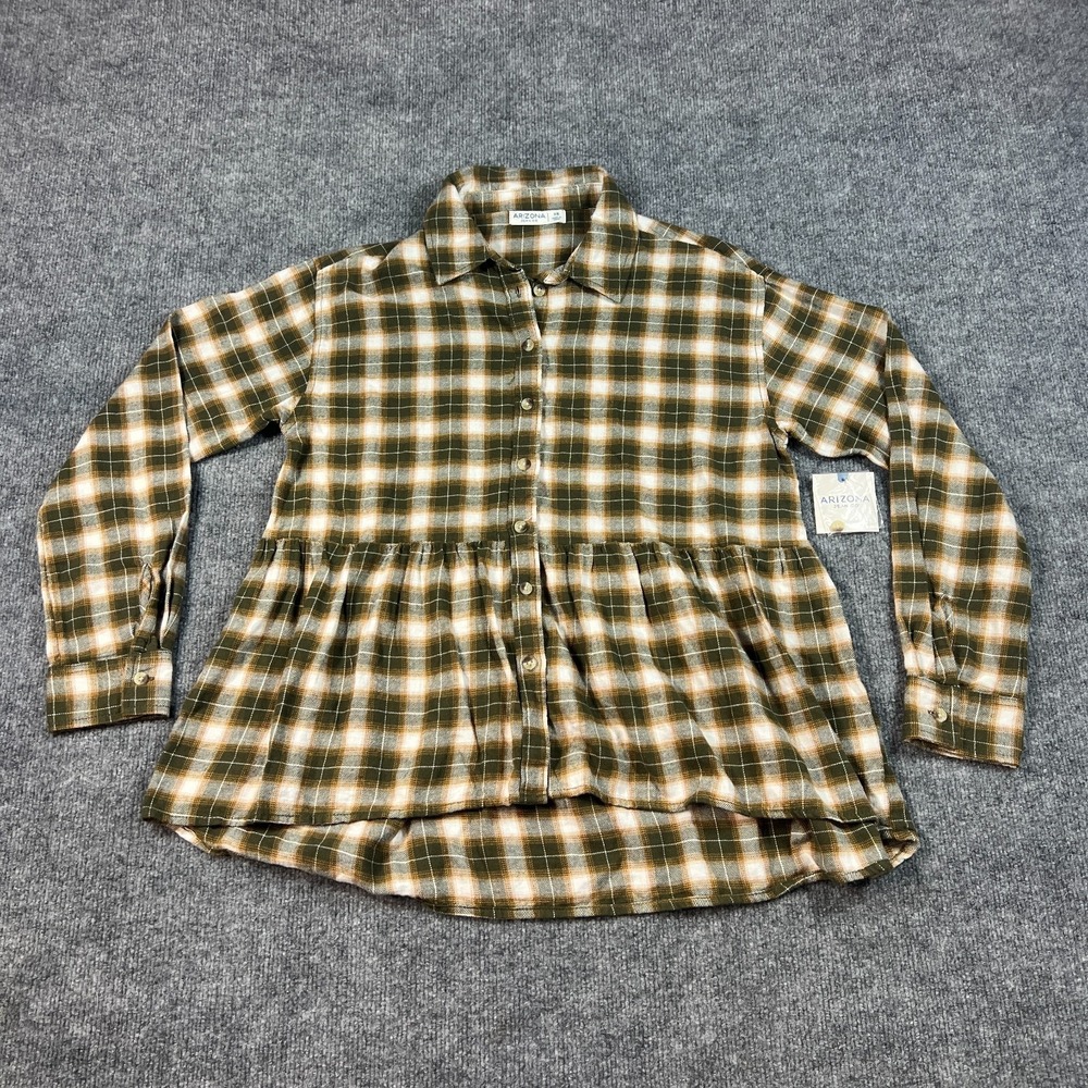 Arizona Jean Co Shirt Womens Extra Small Multicolor Plaid Ruffle Hem Button Up
